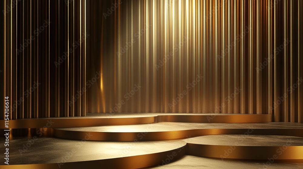 Abstract geometric platforms with golden accents and elegant draped curtains, minimalist modern design for luxury interior concepts Abstract geometric platforms with golden accents and elegant draped curtains, minimalist modern design for luxury interior concepts