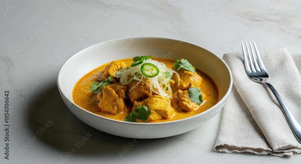 Bowl of flavorful curry chicken with cilantro garnish and fork on napkin Bowl of flavorful curry chicken with cilantro garnish and fork on napkin