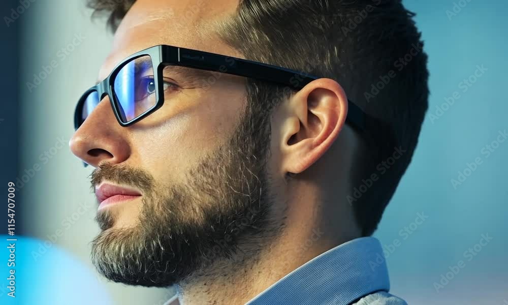 Thoughtful man wearing glasses gazing into the distance with a contemplative expression, showcasing focus, creativity, and ambition in a modern environment. Thoughtful man wearing glasses gazing into the distance with a contemplative expression, showcasing focus, creativity, and ambition in a modern environment.
