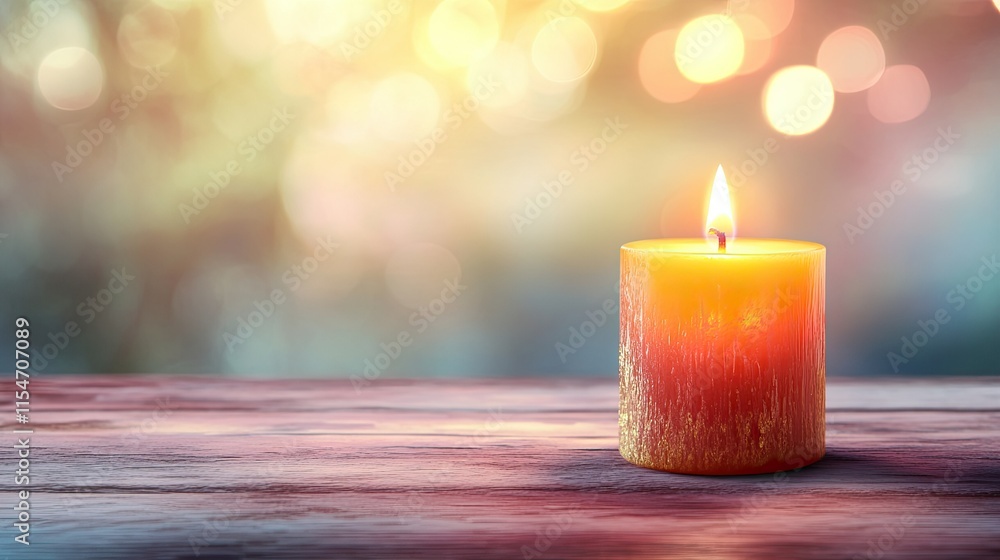 Warm Orange Candle Glowing Against Soft Blurred Background Warm Orange Candle Glowing Against Soft Blurred Background