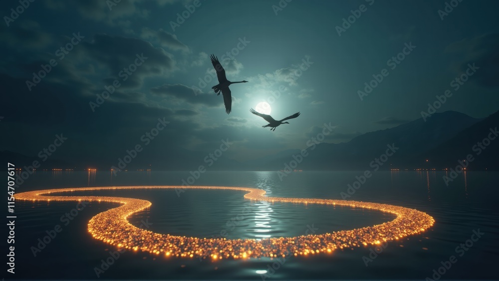 Obraz premium Magical Moonlit Lake with Birds - Dark Moody Ambiance