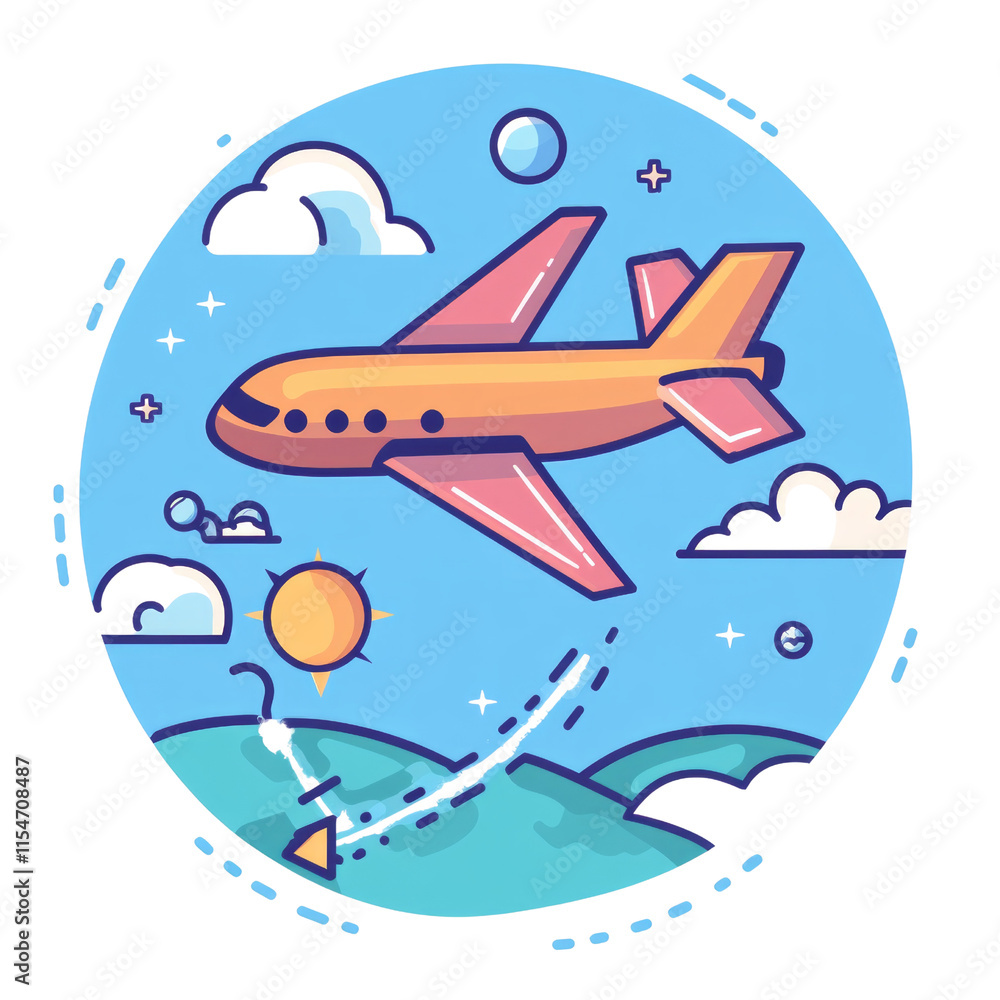 Naklejka premium A cartoon drawing of an orange and yellow airplane flying through the sky