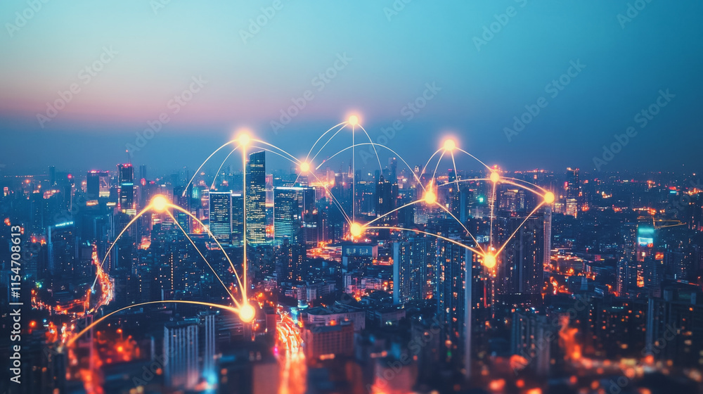 Smart digital Innovation city with connection network reciprocity over the cityscape. of future smart wireless city and social media networking systems that connects business people with in city Smart digital Innovation city with connection network reciprocity over the cityscape. of future smart wireless city and social media networking systems that connects business people with in city