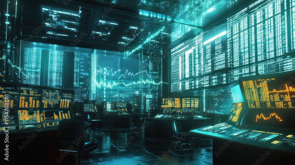A futuristic holographic stock market collapsing, data glitches everywhere A futuristic holographic stock market collapsing, data glitches everywhere