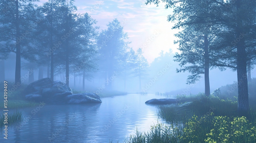 Obraz premium Peaceful Morning Mist Rising Over a Serene Forest Lake Landscape