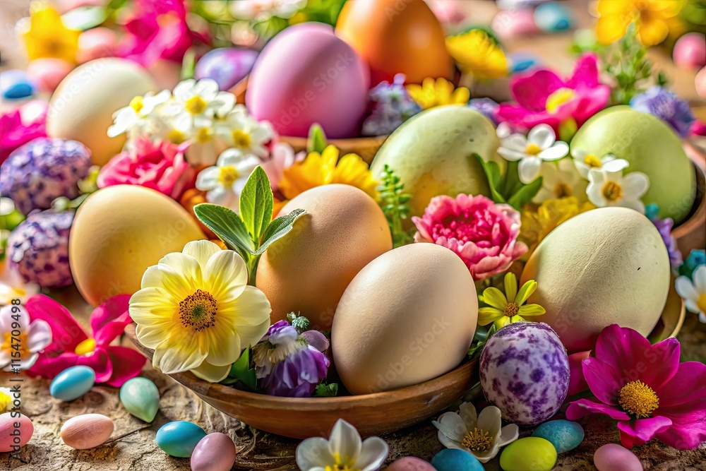 Stunning close-up photos of eggs nestled in vibrant spring flower arrangements. Artistic food & nature photography. Stunning close-up photos of eggs nestled in vibrant spring flower arrangements. Artistic food & nature photography.