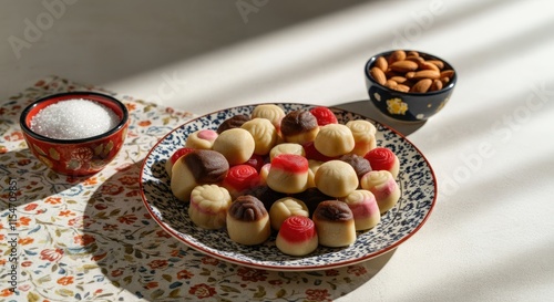 Plate of assorted candies beside bowls sugar and almonds photo