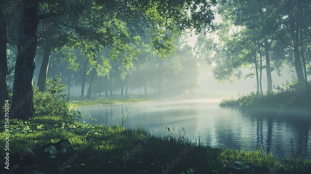 Fototapeta premium Serene Morning Mist Over Peaceful Forest and Tranquil Lake