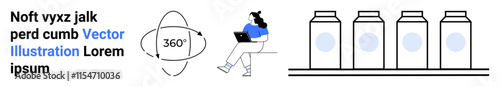 Female character working on a laptop, 360-degree symbol, four bottles. Ideal for tech illustrations, marketing materials, digital campaigns, packaging designs, online platforms, e-commerce visuals