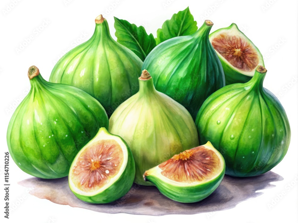 Obraz premium Vibrant watercolor green figs, botanically illustrated, isolated on a pristine white background. High-resolution PNG image.