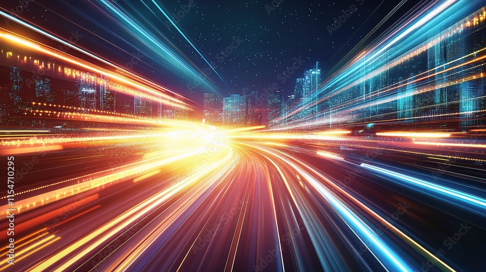 Dynamic Urban Cityscape Illustration with Light Trails at Night Dynamic Urban Cityscape Illustration with Light Trails at Night