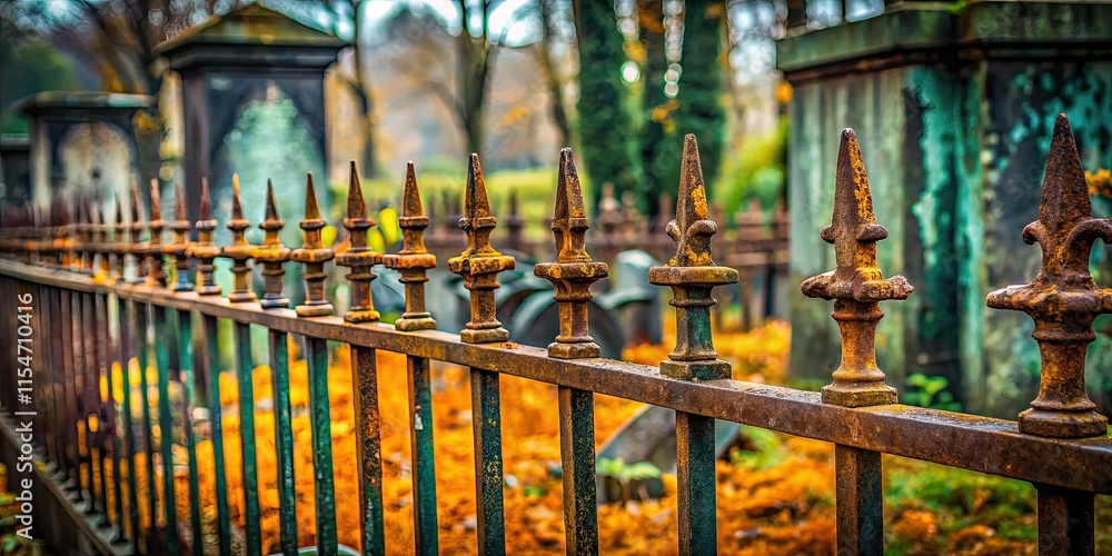 Fototapeta premium Weathered iron, tombstones' silent vigil. Moody, minimalist elegance in monochrome.