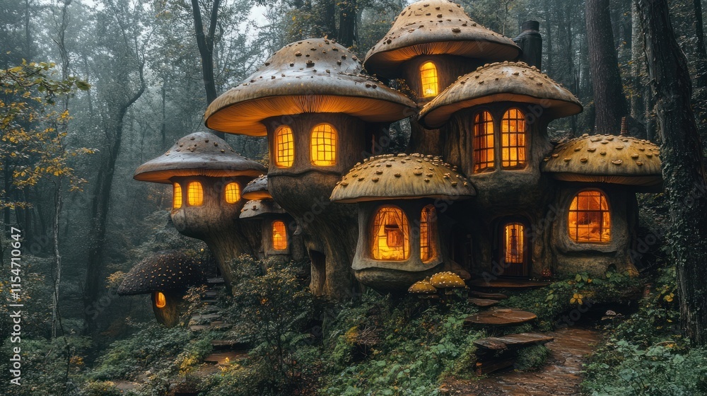 Fototapeta premium Enchanted mushroom houses nestled in a mystical forest, glowing warmly in the twilight.
