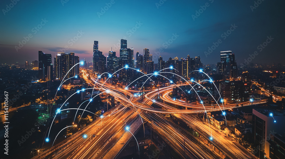 Fototapeta premium Smart digital Innovation city with connection network reciprocity over the cityscape. of future smart wireless city and social media networking systems that connects business people with in city