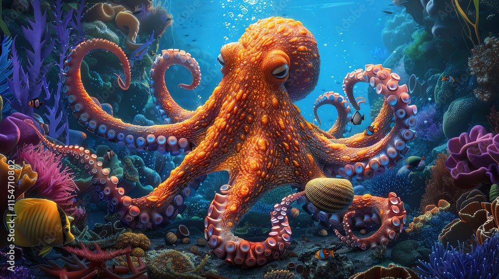 Fototapeta premium Giant Pacific octopus in vibrant coral reef.