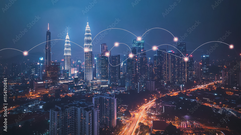 Fototapeta premium Smart digital Innovation city with connection network reciprocity over the cityscape. of future smart wireless city and social media networking systems that connects business people with in city
