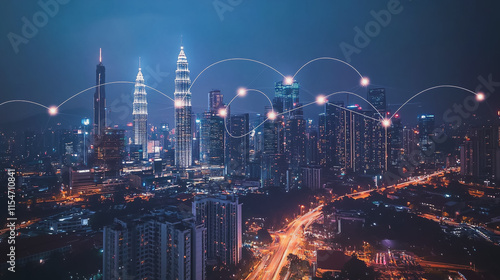 Wallpaper Mural Smart digital Innovation city with connection network reciprocity over the cityscape. of future smart wireless city and social media networking systems that connects business people with in city Torontodigital.ca