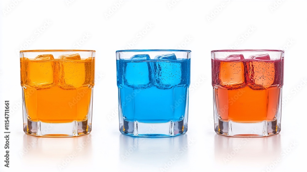 Three glasses of colorful, icy drinks. Three glasses of colorful, icy drinks.