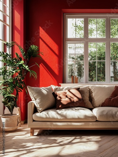 Sunlit Living Room with Beige Sofa and Red Walls
