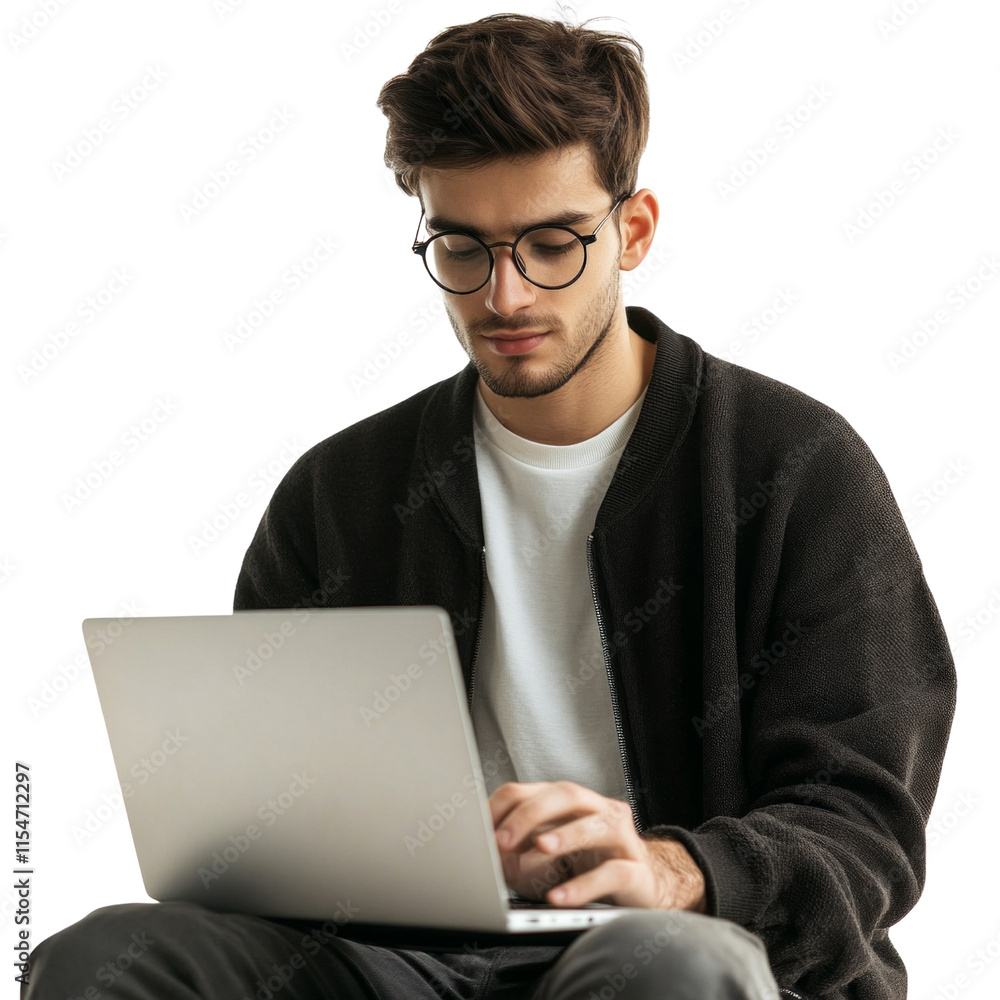 A man wearing glasses is sitting on a chair and typing on a laptop A man wearing glasses is sitting on a chair and typing on a laptop