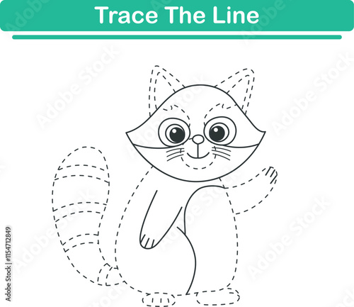 Trace line worksheets for children. Preschool handwriting practice with racoon. Vector illustration