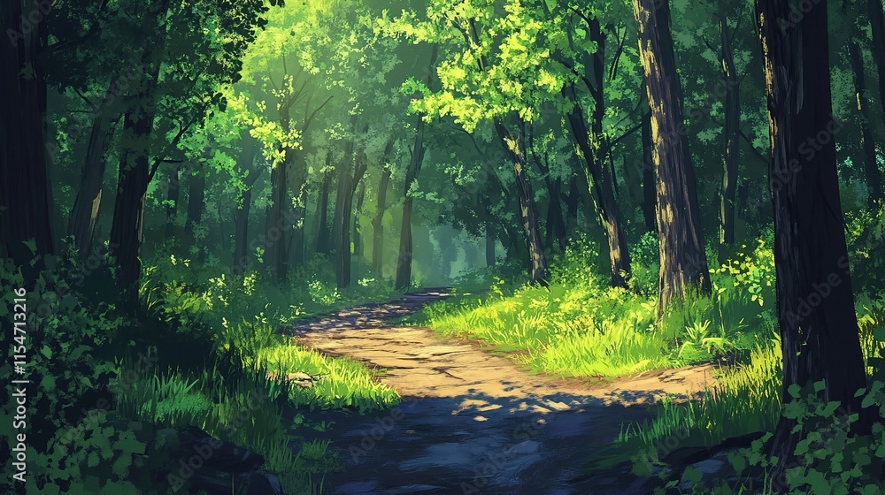 Obraz premium Sunlit Pathway Through Vibrant Green Forest With Dappled Shadows