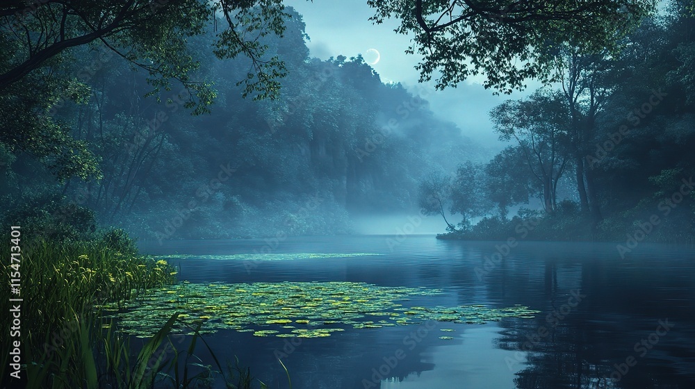 Fototapeta premium Misty Morning Over Peaceful Lake in Serene Forest Setting