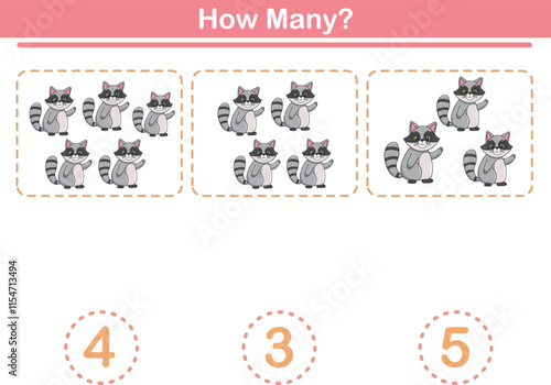 Counting game of cute racoons for preschool kids. Printable. Vector Illustration