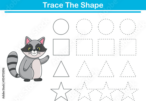 Tracing lines of different shape for kids with cute racoon. Vector Illustration