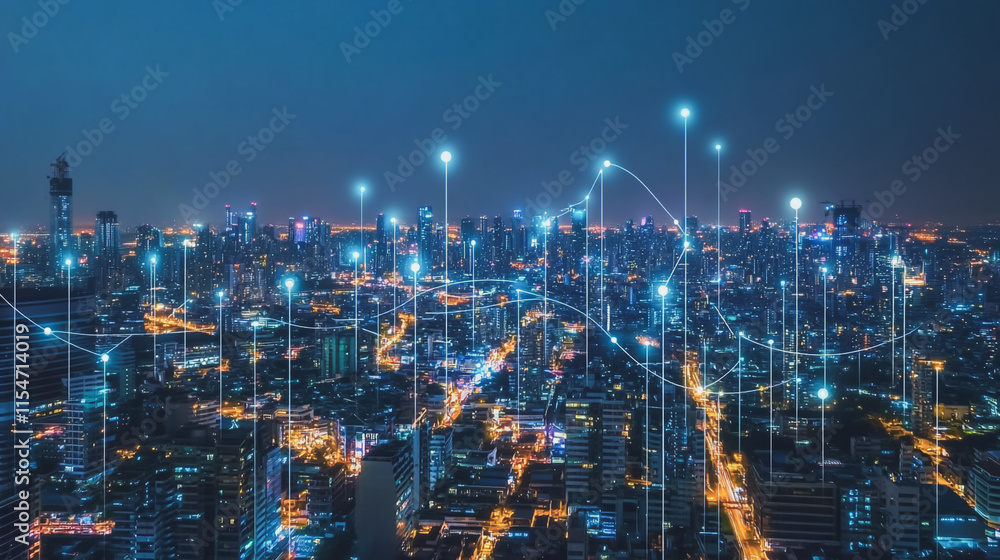Smart digital Innovation city with connection network reciprocity over the cityscape. of future smart wireless city and social media networking systems that connects business people with in city Smart digital Innovation city with connection network reciprocity over the cityscape. of future smart wireless city and social media networking systems that connects business people with in city