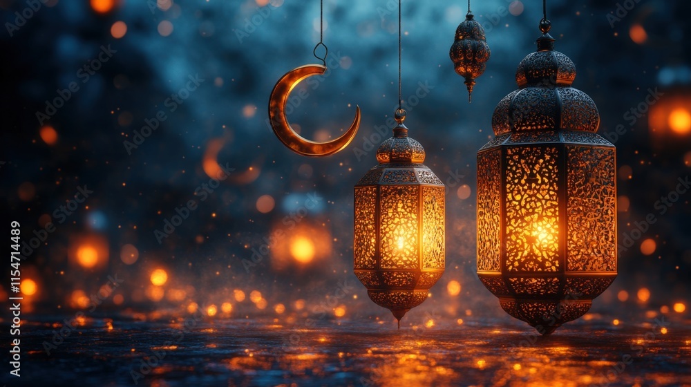 Illuminated lanterns and crescent moon, mystical night scene. Illuminated lanterns and crescent moon, mystical night scene.