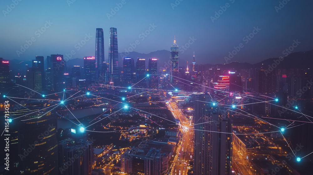Fototapeta premium Smart digital Innovation city with connection network reciprocity over the cityscape. of future smart wireless city and social media networking systems that connects business people with in city