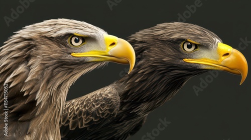 Two majestic white-tailed eagles, close-up profile view, showcasing detailed feathers and intense gaze. photo