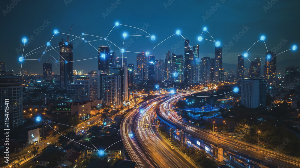 Obraz premium Smart digital Innovation city with connection network reciprocity over the cityscape. of future smart wireless city and social media networking systems that connects business people with in city