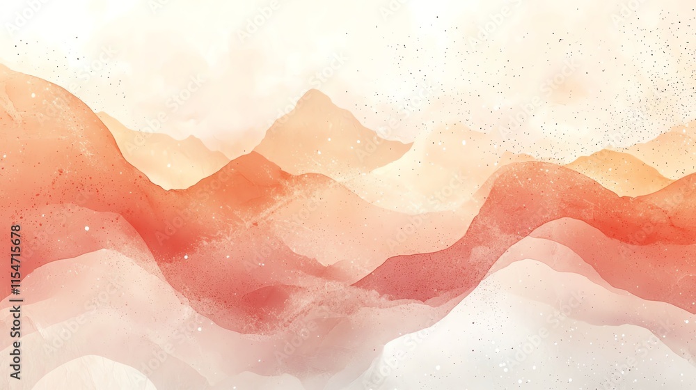 Fototapeta premium Abstract watercolor landscape with soft red and orange waves against a light background.