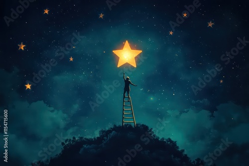 A figure standing on a ladder reaching for a glowing star in a night sky, illustrating the concept of rising to opportunities and striving for improvement.
