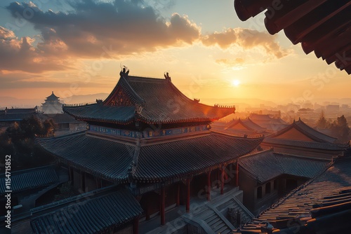 A captivating image of the Qing Long Temple at sunset, with the templeâ€™s intricate carvings and roofs illuminated by the last rays of the day in Xi'an. photo