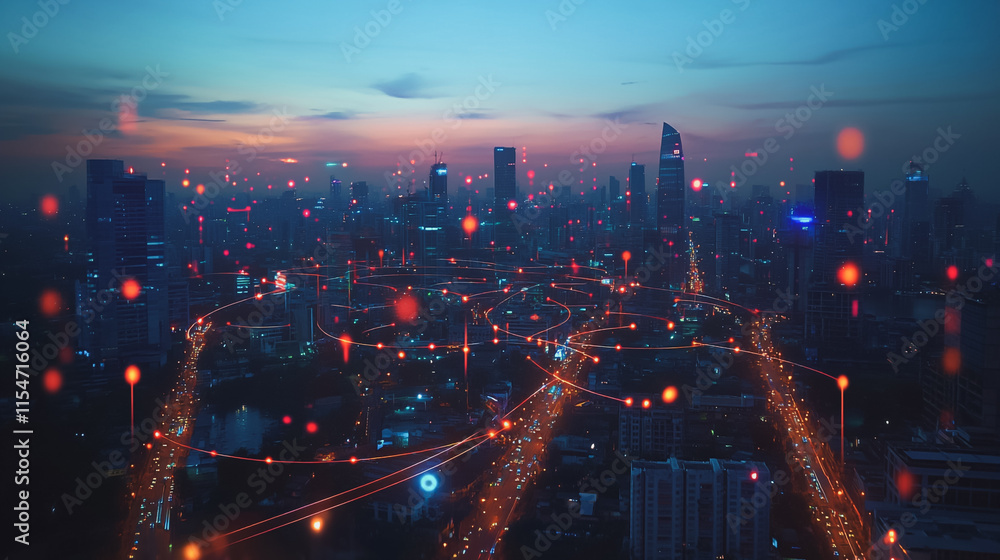 Fototapeta premium Smart digital Innovation city with connection network reciprocity over the cityscape. of future smart wireless city and social media networking systems that connects business people with in city
