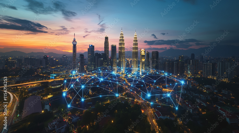 Fototapeta premium Smart digital Innovation city with connection network reciprocity over the cityscape. of future smart wireless city and social media networking systems that connects business people with in city