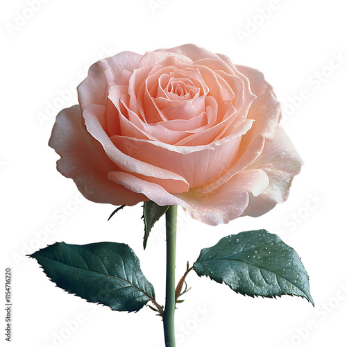 Close-up of a single pink rose with its stem and green leaves, set against a plain white background.