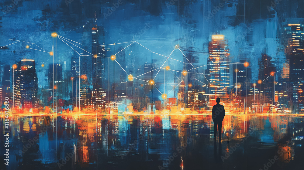 Obraz premium Smart digital Innovation city with connection network reciprocity over the cityscape. of future smart wireless city and social media networking systems that connects business people with in city