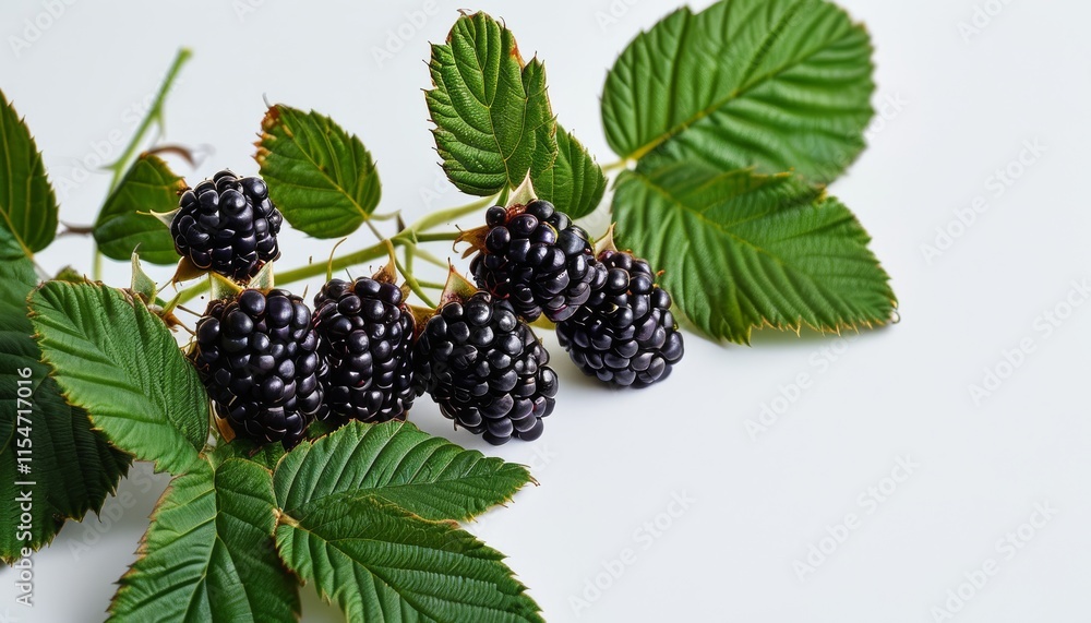 Fresh Blackberries on Branch with Green Leaves Against a Light Background Fresh Blackberries on Branch with Green Leaves Against a Light Background