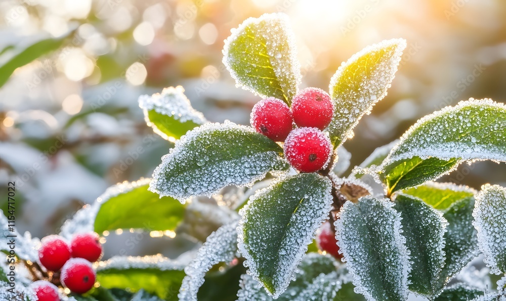 Frosty winter holly berries and leaves in sunlight. Frosty winter holly berries and leaves in sunlight.