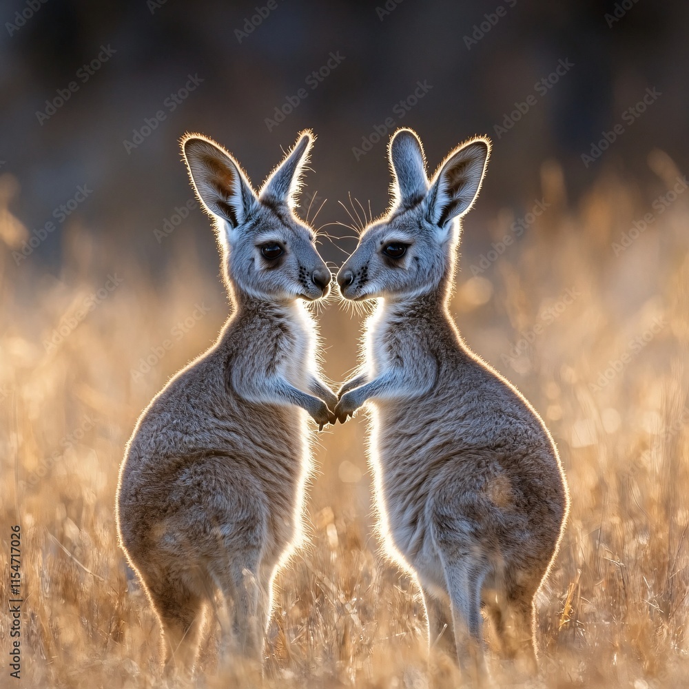 Fototapeta premium Two playful kangaroos standing close together, their tails forming a spiral heart