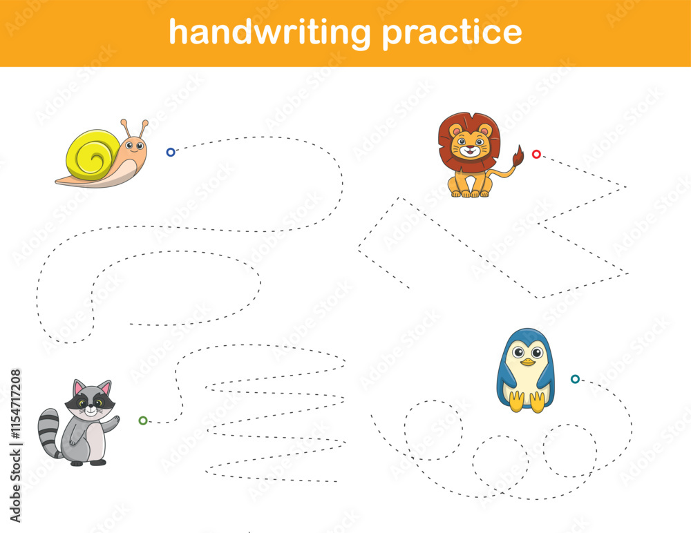 Handwriting Practice. Tracing lines for kids with animals. Vector Illustration Handwriting Practice. Tracing lines for kids with animals. Vector Illustration