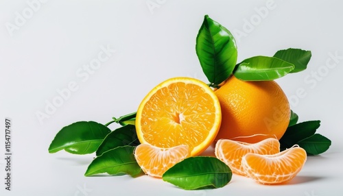 Fresh Juicy Clementine with Green Leaves on a Light Background for Upscale Presentation photo