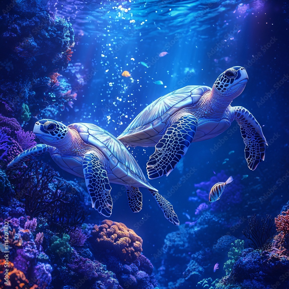 Fototapeta premium Two friendly turtles swimming together under coral reefs, surrounded by glowing fish