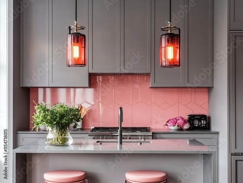 Modern kitchen with gray cabinets and pink backsplash