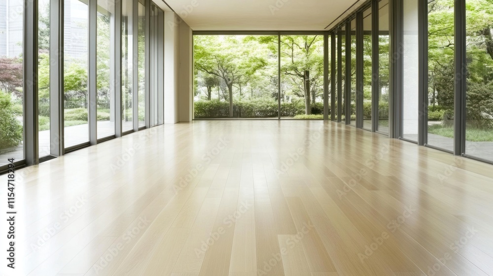 Obraz premium Empty modern room with large windows and hardwood floor, showcasing a lush green garden view.
