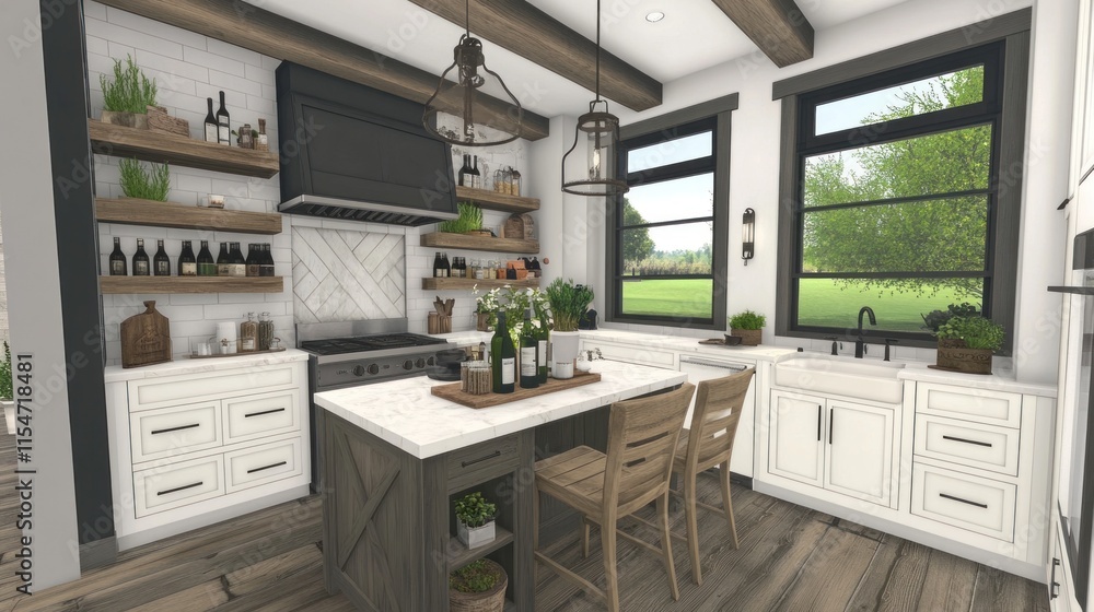 Farmhouse kitchen design with white cabinets, wood beams, and island. Farmhouse kitchen design with white cabinets, wood beams, and island.